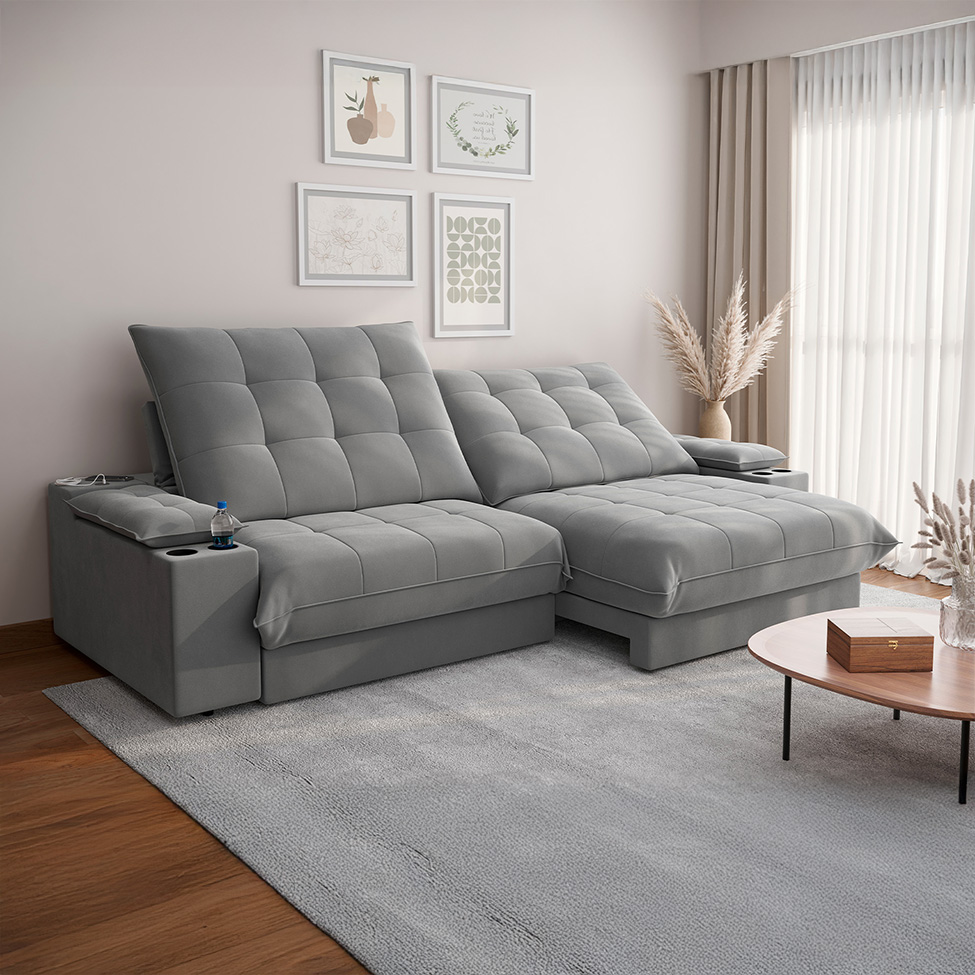 Sofá 5 Lugares Retrátil e Reclinável Volare com USB e Porta-Copos Veludo Cinza