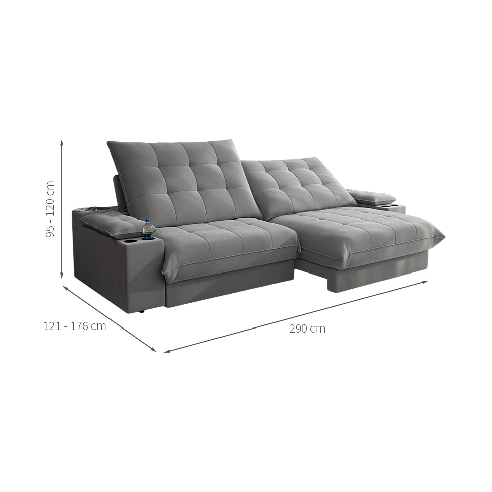 Sofá 5 Lugares Retrátil e Reclinável Volare com USB e Porta-Copos Veludo Cinza