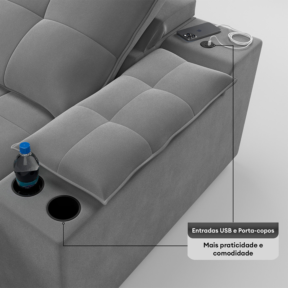 Sofá 5 Lugares Retrátil e Reclinável Volare com USB e Porta-Copos Veludo Cinza