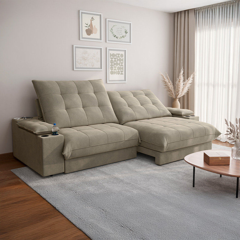 Sofá 5 Lugares Retrátil e Reclinável Volare com USB e Porta-Copos Veludo Fendi