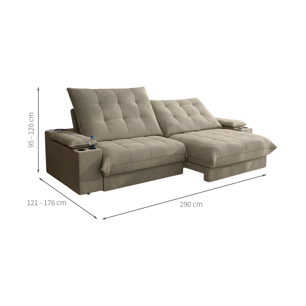 Sofá 5 Lugares Retrátil e Reclinável Volare com USB e Porta-Copos Veludo Fendi