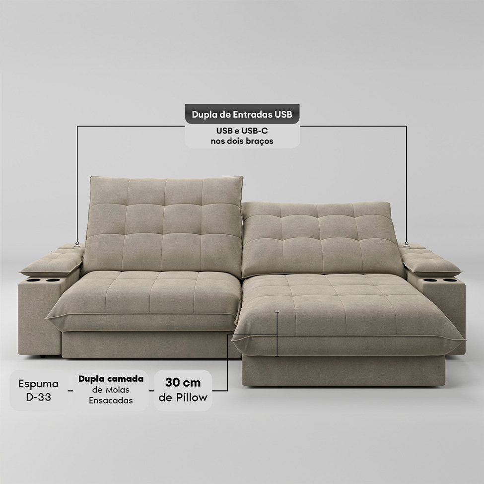 Sofá 5 Lugares Retrátil e Reclinável Volare com USB e Porta-Copos Veludo Fendi