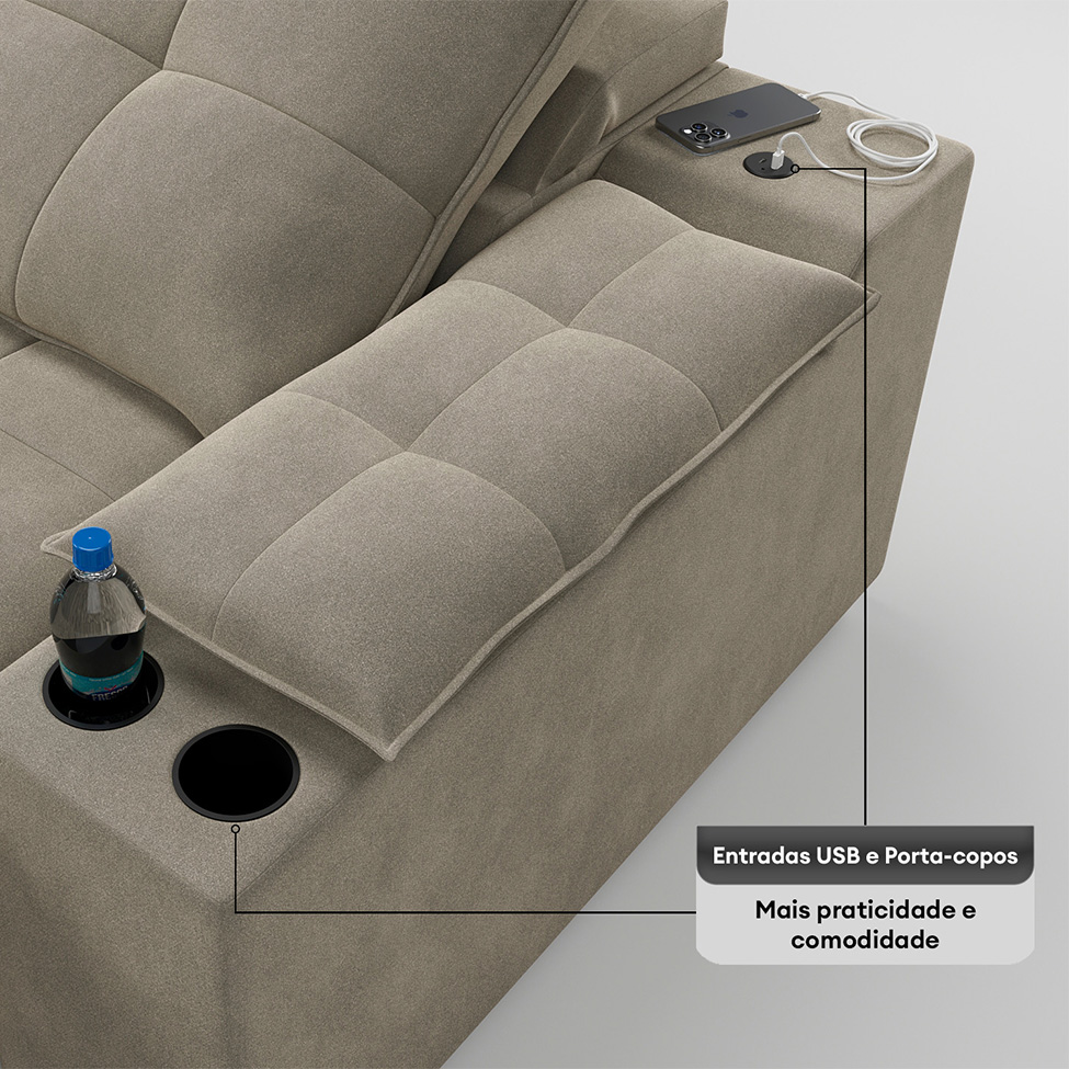 Sofá 5 Lugares Retrátil e Reclinável Volare com USB e Porta-Copos Veludo Fendi