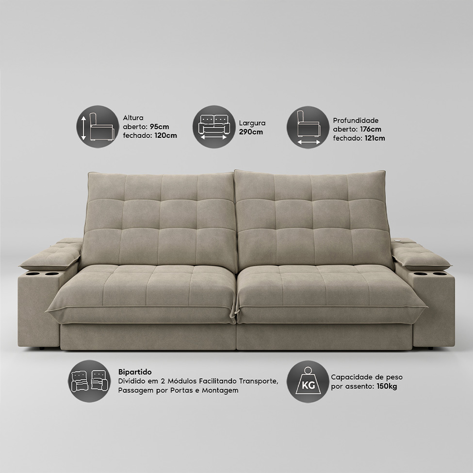 Sofá 5 Lugares Retrátil e Reclinável Volare com USB e Porta-Copos Veludo Fendi