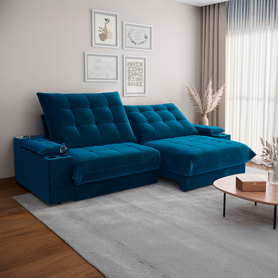 Sofá 5 Lugares Retrátil e Reclinável Volare com USB e Porta-Copos Veludo Marinho