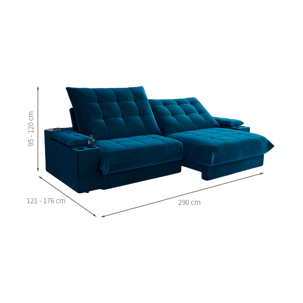 Sofá 5 Lugares Retrátil e Reclinável Volare com USB e Porta-Copos Veludo Marinho