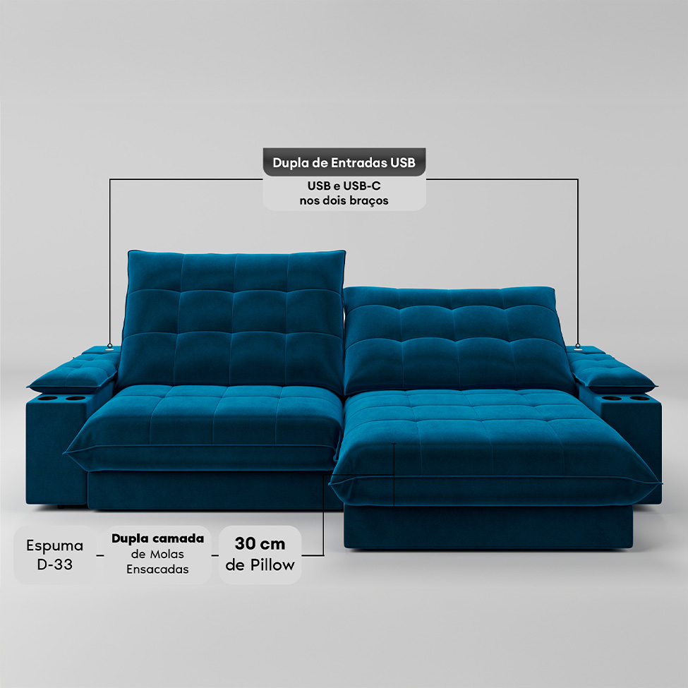 Sofá 5 Lugares Retrátil e Reclinável Volare com USB e Porta-Copos Veludo Marinho