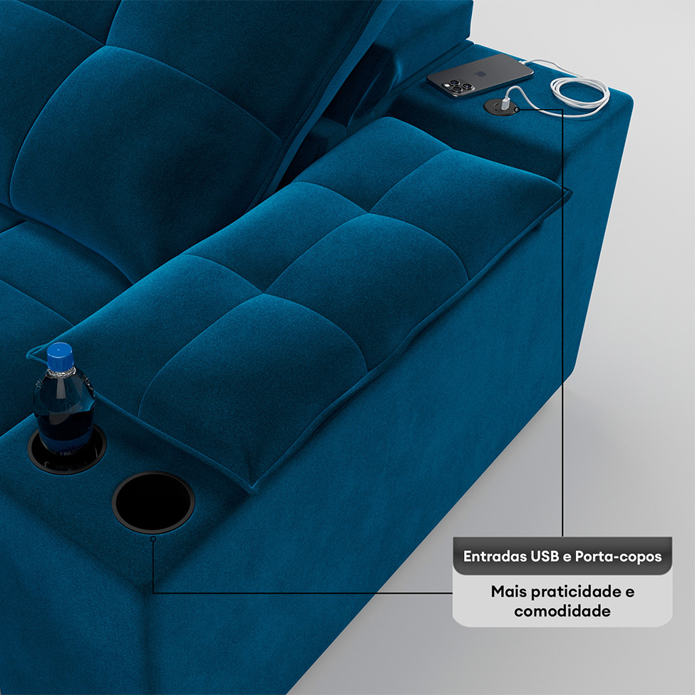 Sofá 5 Lugares Retrátil e Reclinável Volare com USB e Porta-Copos Veludo Marinho