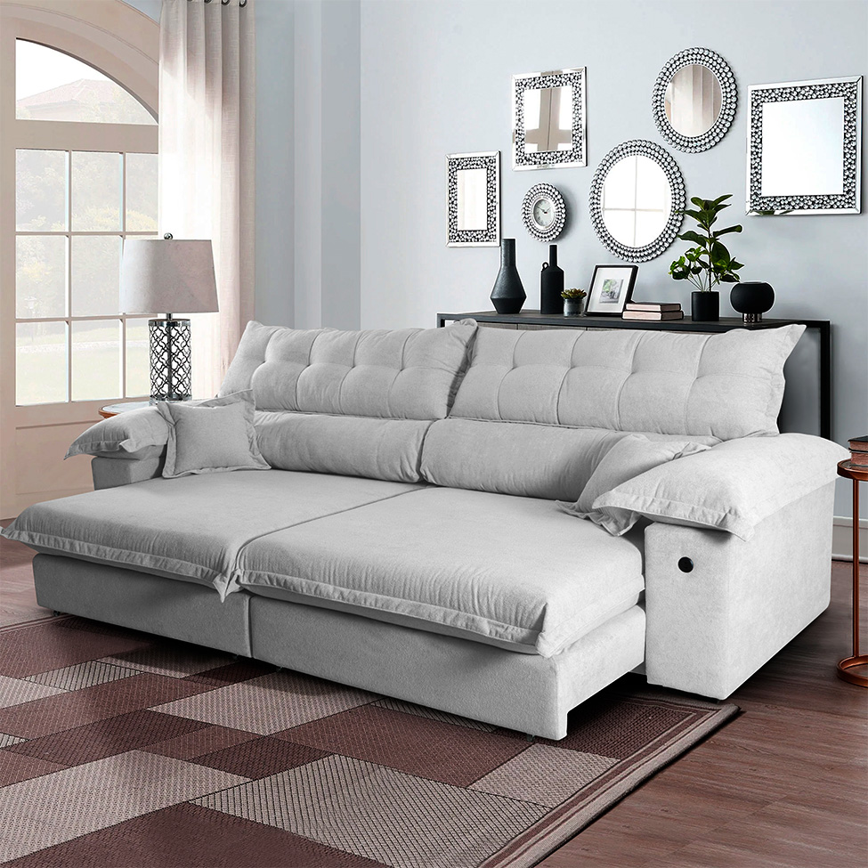 Sofá 5 Lugares Retrátil e Reclinável com USB Absoluto Linho Off White