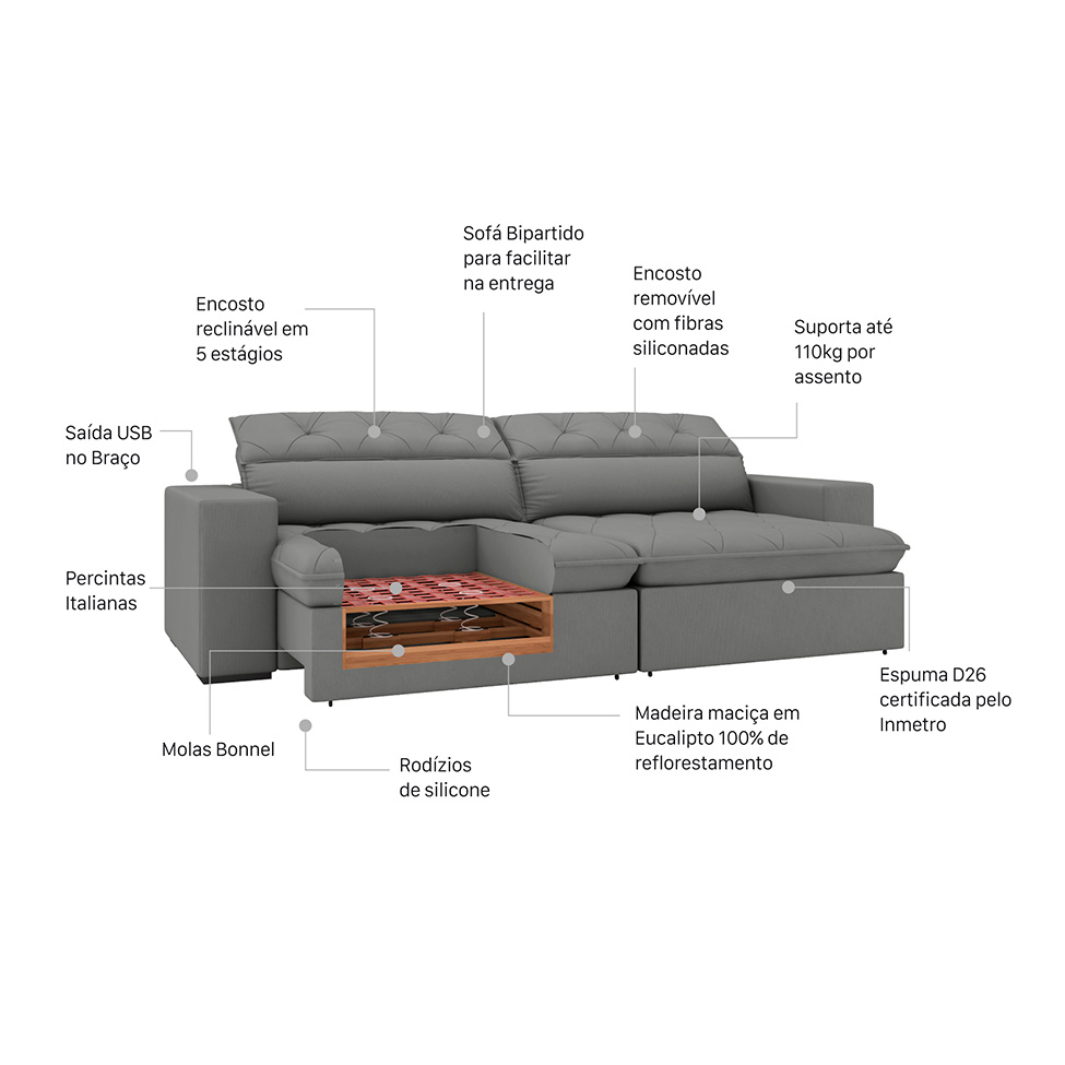 Sofá 5 Lugares Retrátil e Reclinável com USB Jazz Molas Suede Chumbo 290 cm