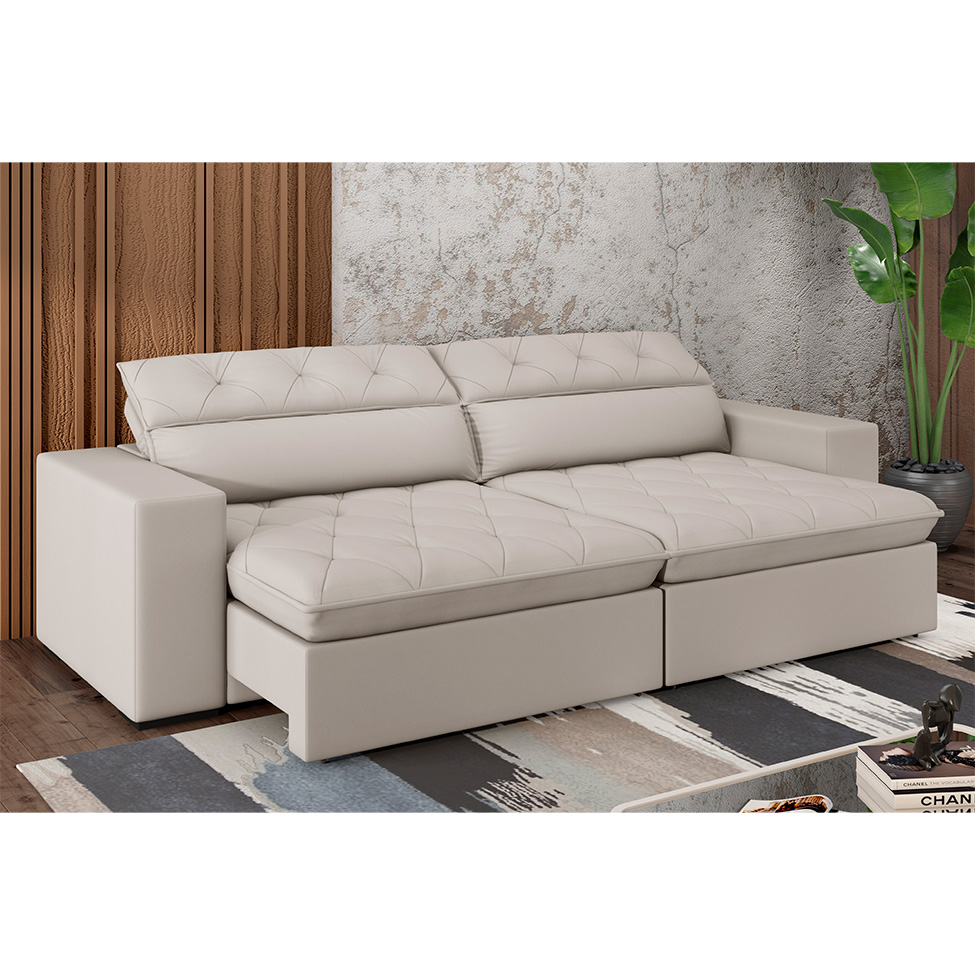 Sofá 5 Lugares Retrátil e Reclinável com USB Jazz Molas Suede Marfim 290 cm