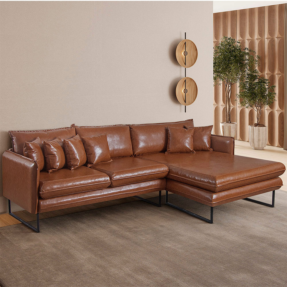 Sofá 5 Lugares Ricco com Chaise Direita Revestimento Sintético Caramelo