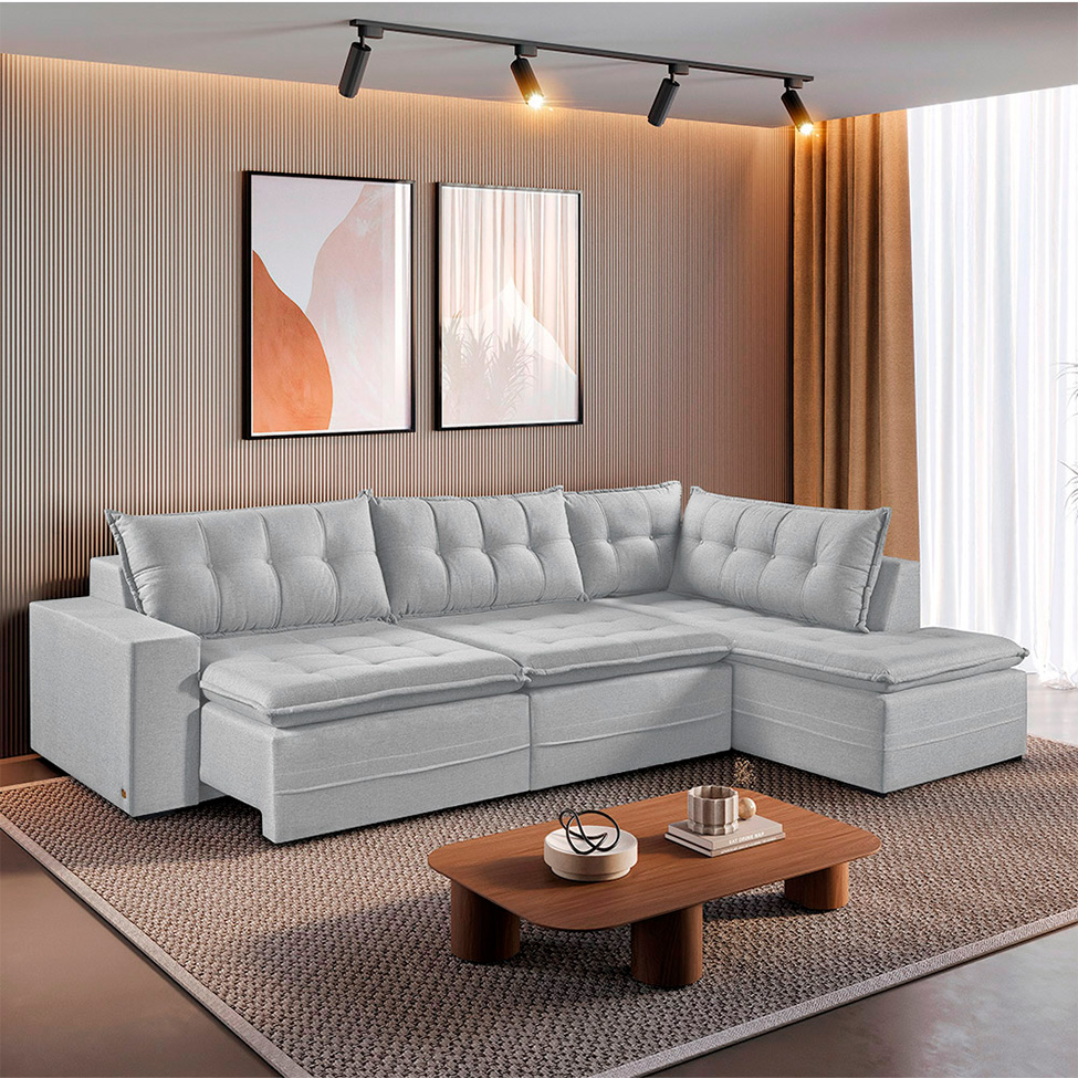 Sofá 6 Lugares Reclinável Presidente com Chaise Direito Linho Gelo 296 cm