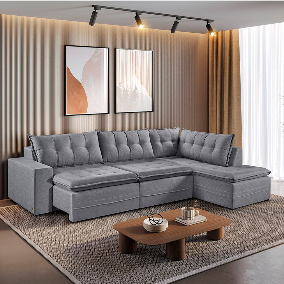 Sofá 6 Lugares Reclinável Presidente com Chaise Esquerdo Linho Cinza 296 cm