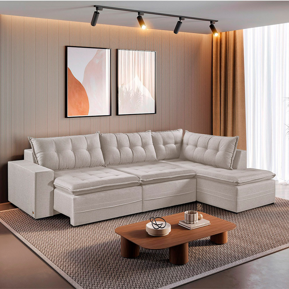 Sofá 6 Lugares Reclinável Presidente com Chaise Esquerdo Linho Cru 296 cm