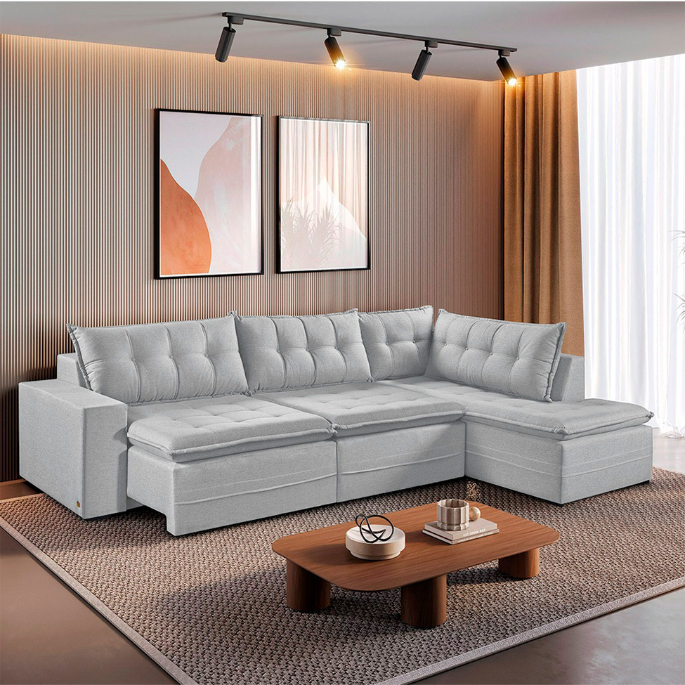 Sofá 6 Lugares Reclinável Presidente com Chaise Esquerdo Linho Gelo 316 cm