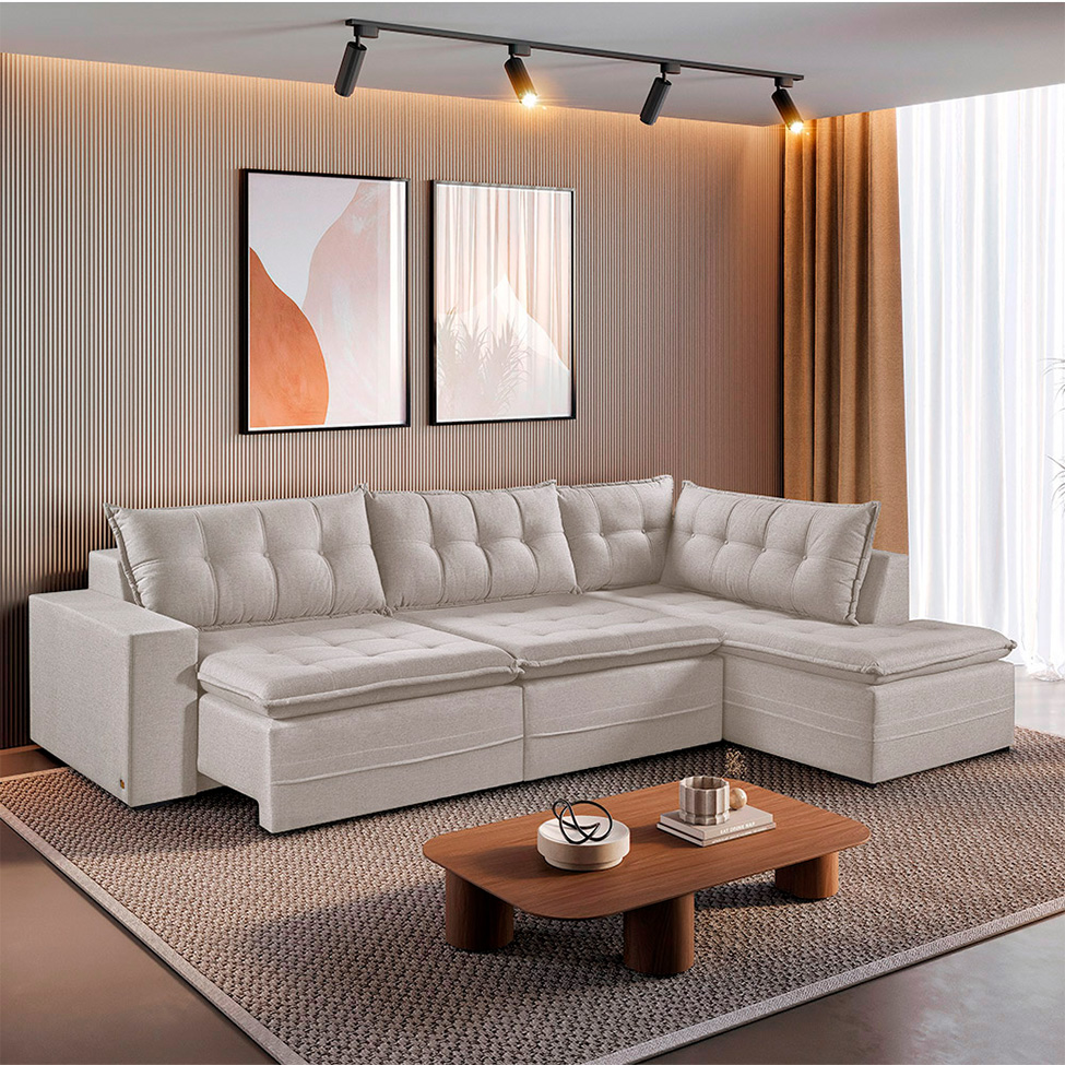 Sofá 7 Lugares Reclinável Presidente com Chaise Direito Linho Cru 356 cm