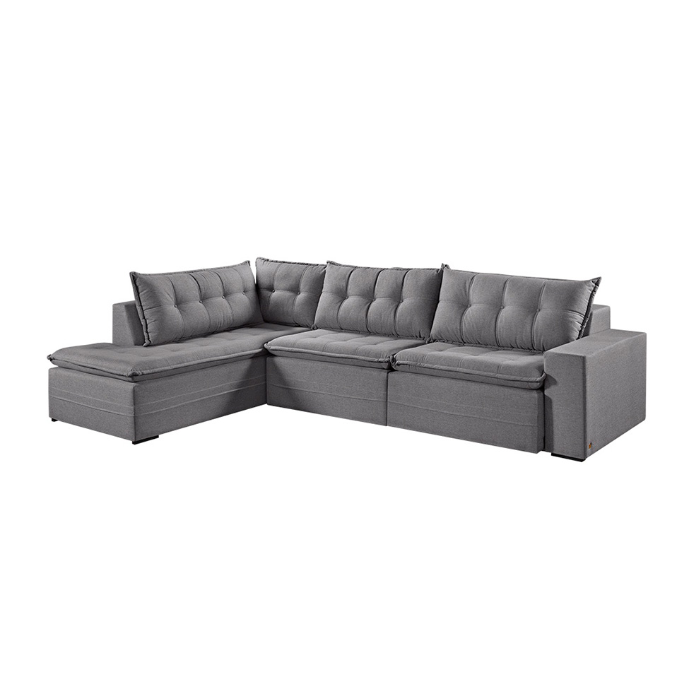 Sofá 7 Lugares Reclinável Presidente com Chaise Esquerdo Linho Cinza 356 cm