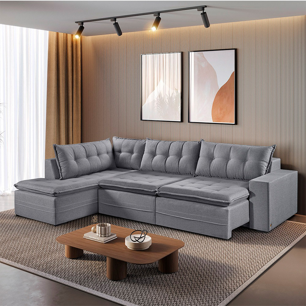 Sofá 7 Lugares Reclinável Presidente com Chaise Esquerdo Linho Cinza 356 cm