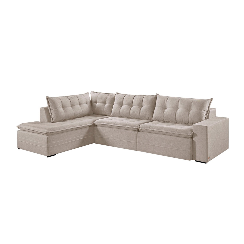 Sofá 7 Lugares Reclinável Presidente com Chaise Esquerdo Linho Cru 356 cm