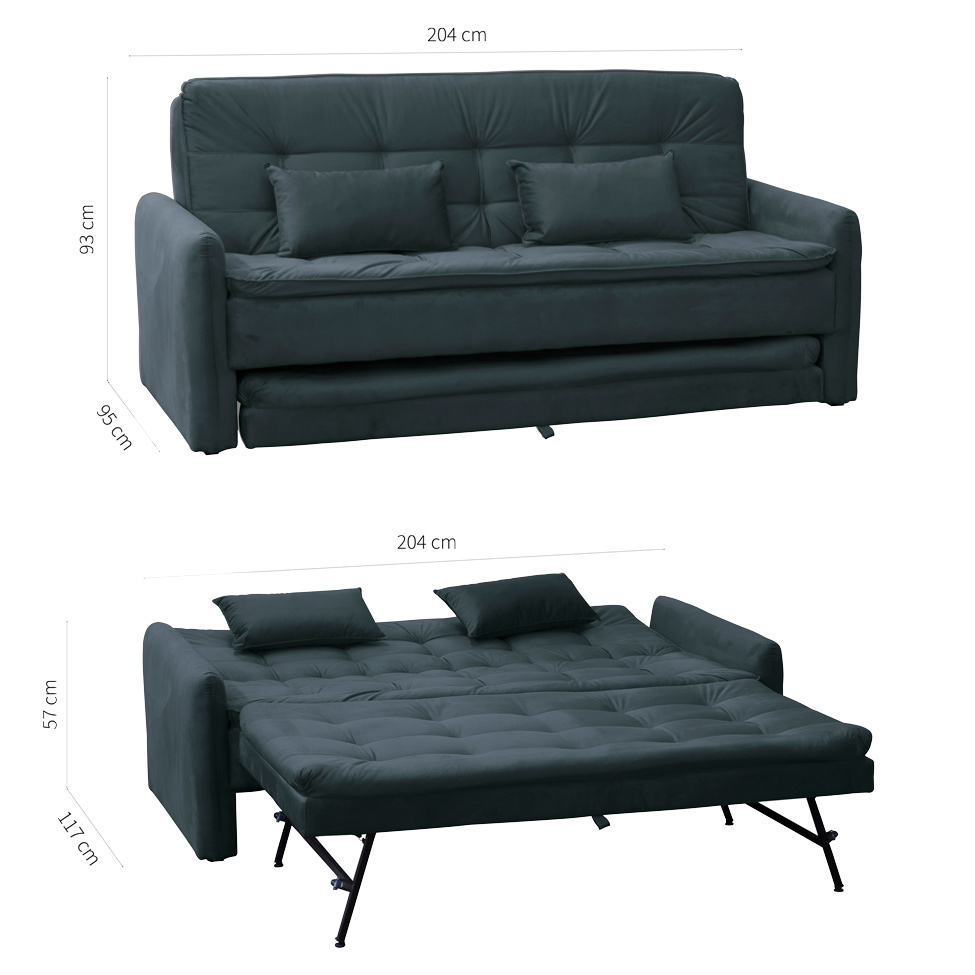 Sofá-Cama 3 Lugares Casal Madalena Veludo Chumbo