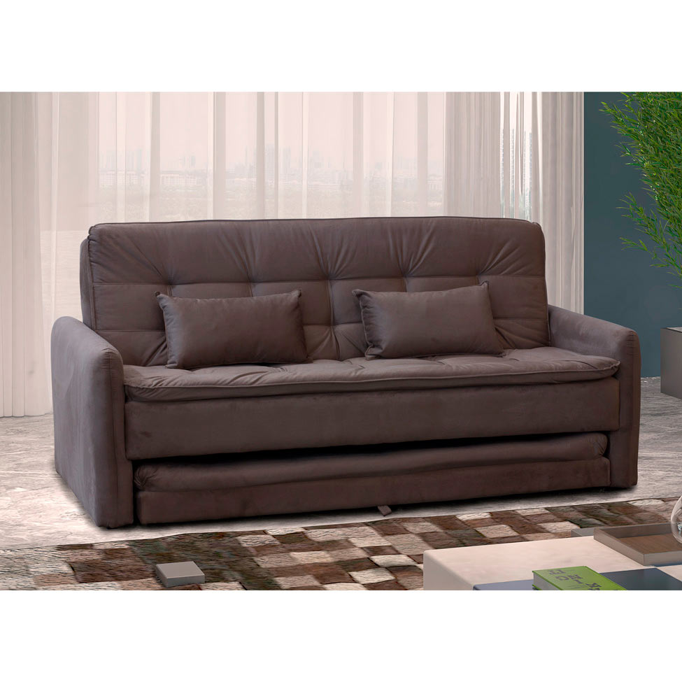 Sofá-Cama 3 Lugares Casal Madalena Veludo Marrom