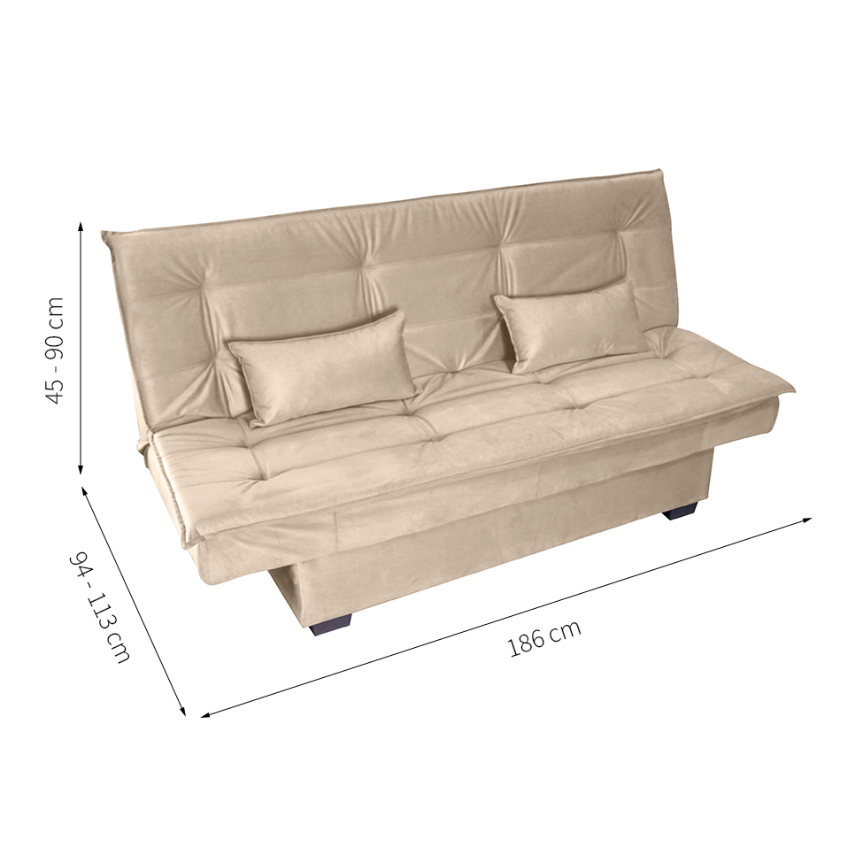 Sofá-Cama 3 Lugares Esmeralda Veludo Light Bege
