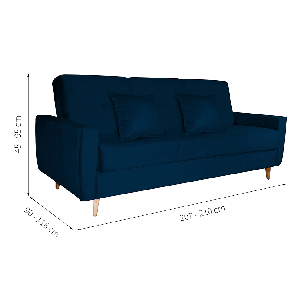 Sofá-Cama 3 Lugares com Baú Pamela Veludo Azul