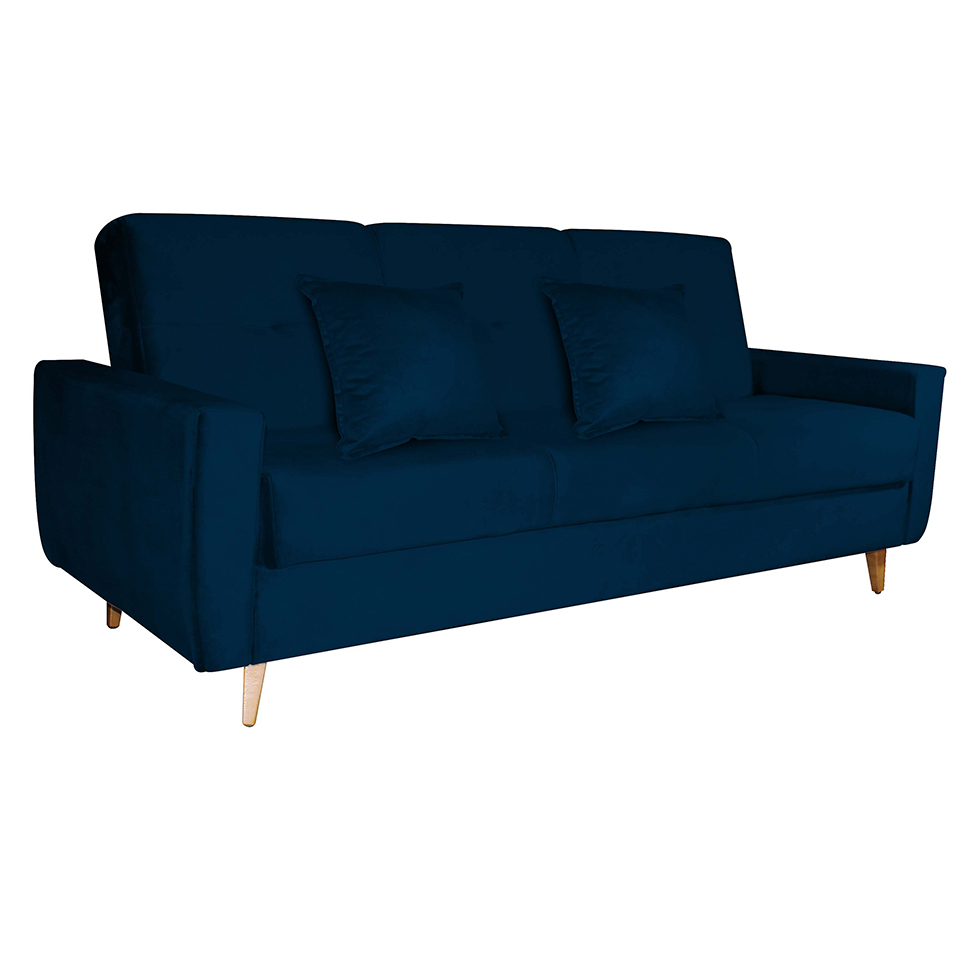 Sofá-Cama 3 Lugares com Baú Pamela Veludo Azul