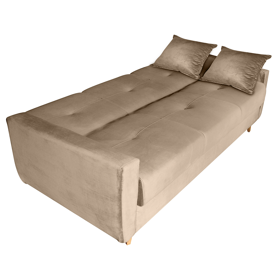 Sofá-Cama 3 Lugares com Baú Pamela Veludo Capuccino