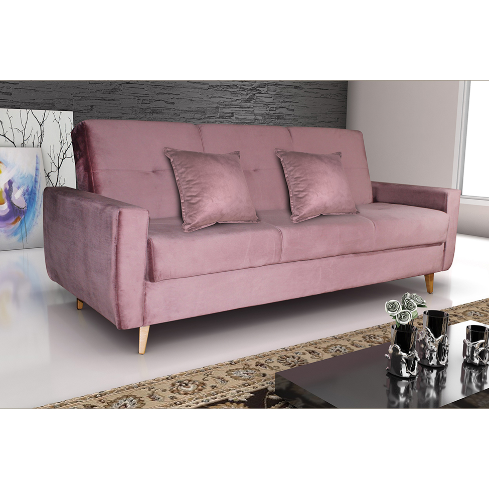 Sofá-Cama 3 Lugares com Baú Pamela Veludo Rosê
