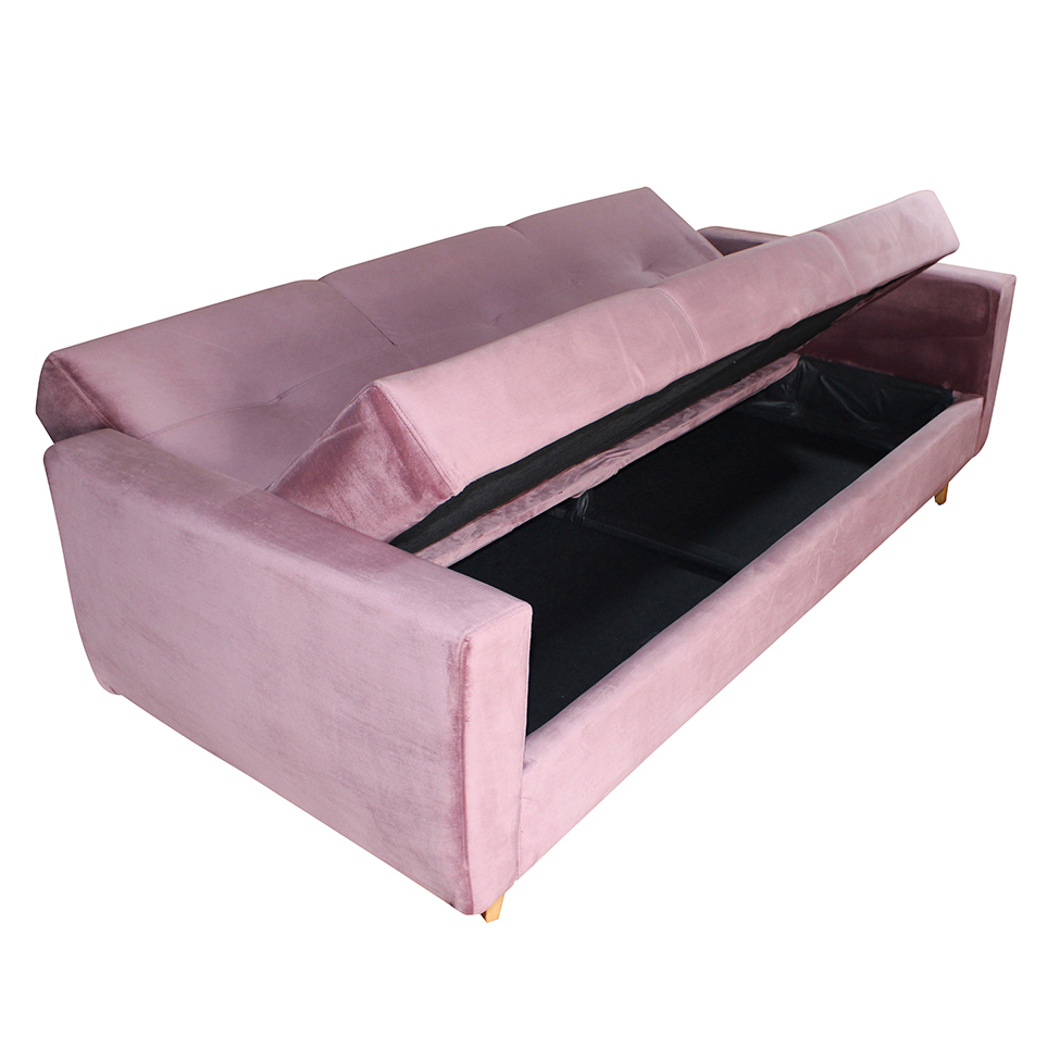 Sofá-Cama 3 Lugares com Baú Pamela Veludo Rosê