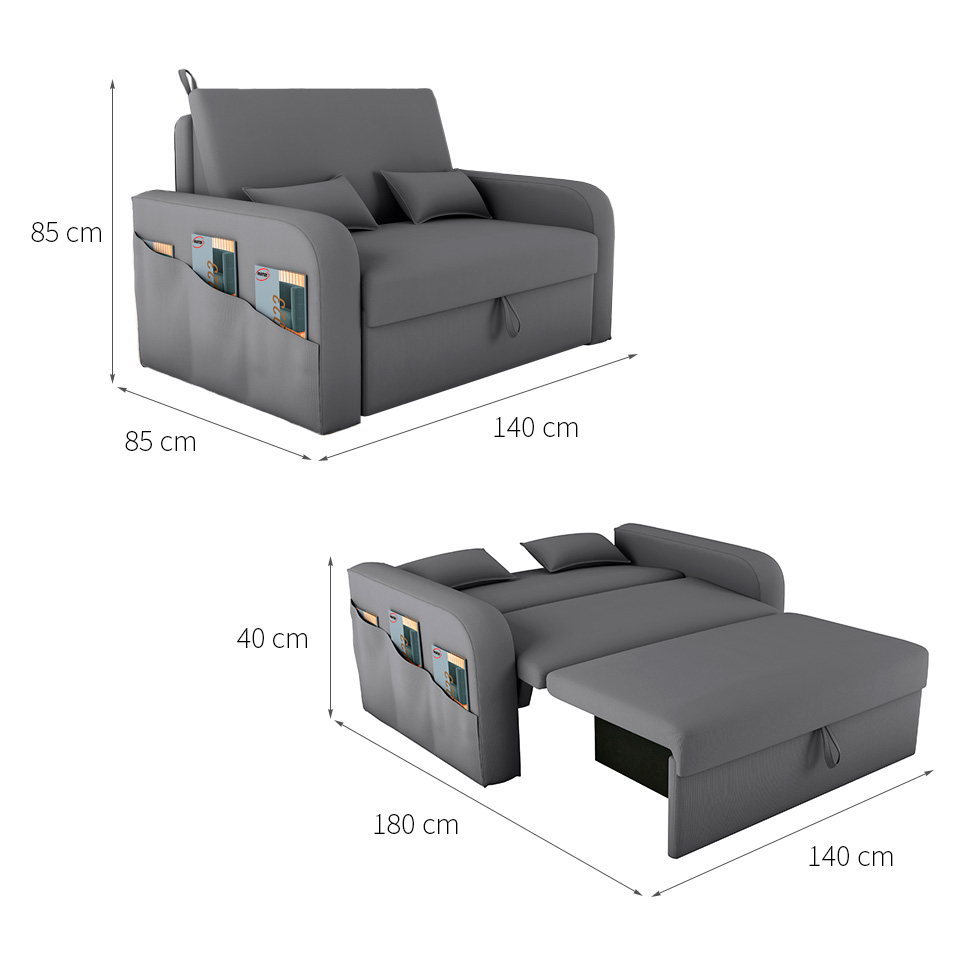 Sofá-Cama Casal 2 Lugares Lady Dai com Baú Suede Cinza