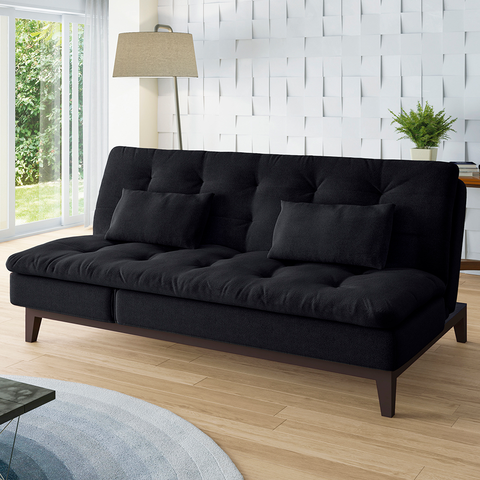 Sofá-Cama Casal 3 Lugares Amanda II Suede com Almofadas Preto