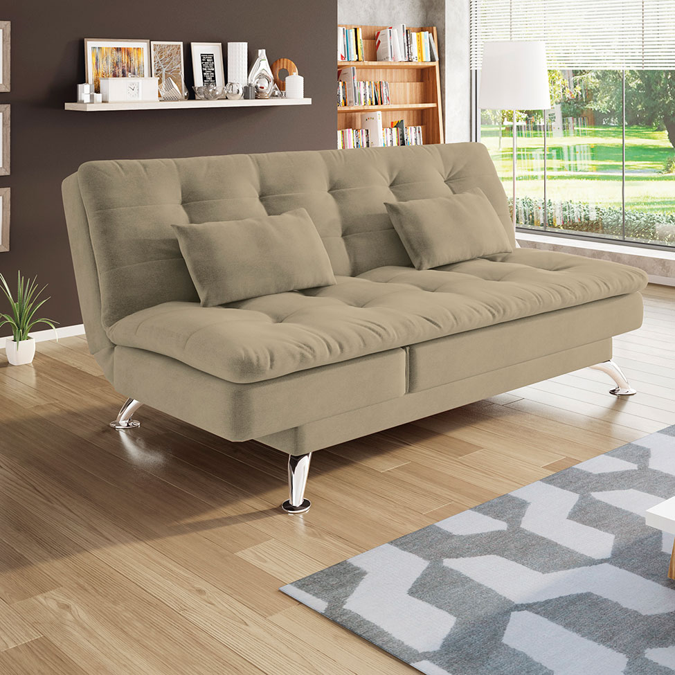 Sofá-Cama Casal 3 Lugares Amanda Suede Bege
