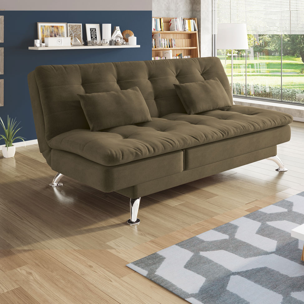 Sofá-Cama Casal 3 Lugares Amanda Suede Castanho