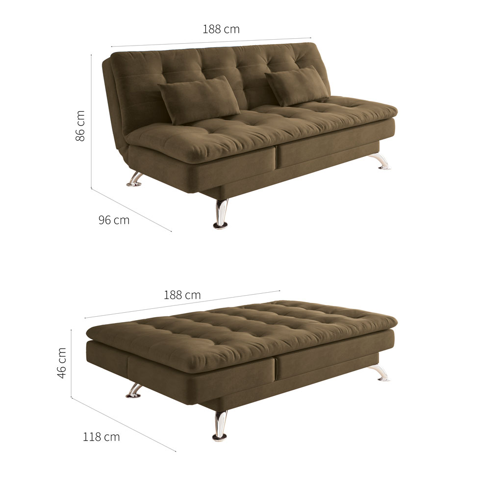 Sofá-Cama Casal 3 Lugares Amanda Suede Castanho