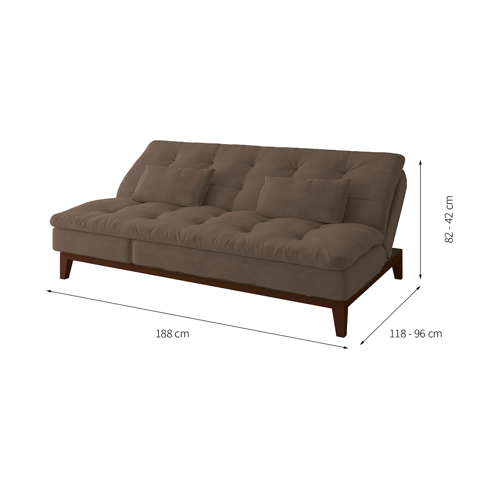 Sofá-Cama Casal 3 Lugares Amanda Suede com Almofadas Castanho