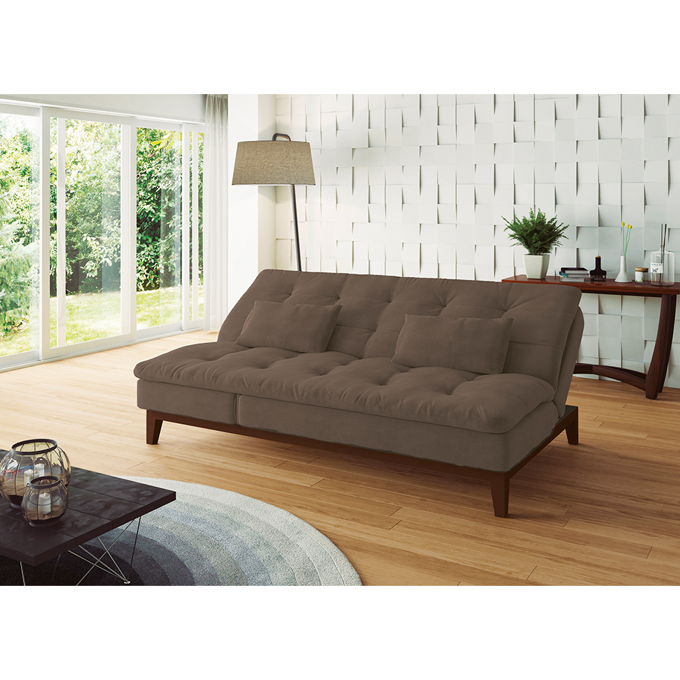 Sofá-Cama Casal 3 Lugares Amanda Suede com Almofadas Castanho