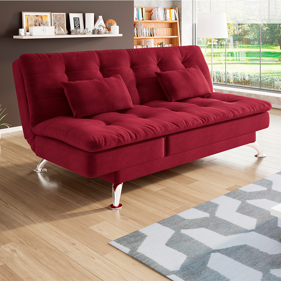 Sofá-Cama Casal 3 Lugares Amanda Suede com Almofadas Vermelho