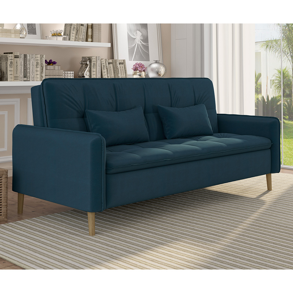 Sofá-Cama Casal 3 Lugares Donna Veludo Azul Turquesa