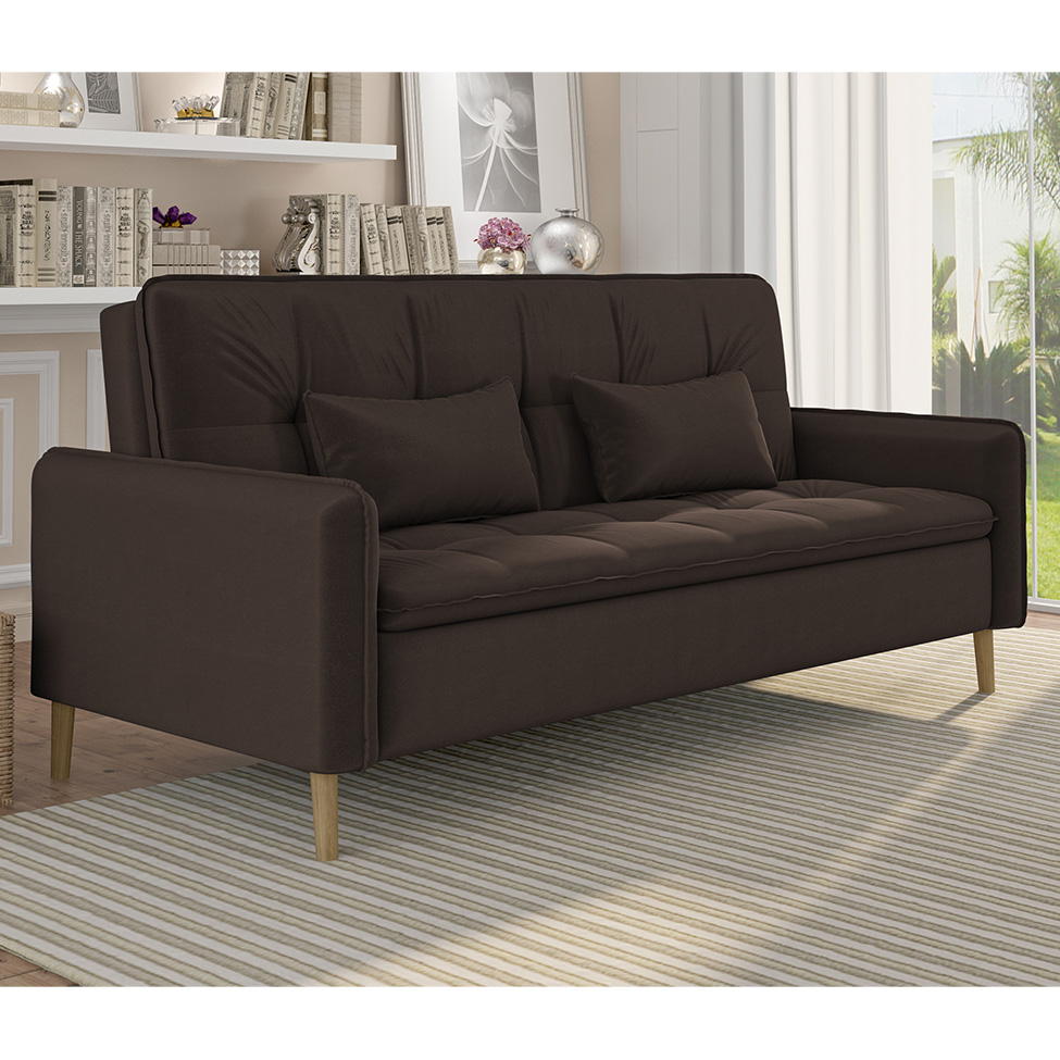 Sofá-Cama Casal 3 Lugares Donna Veludo Marrom