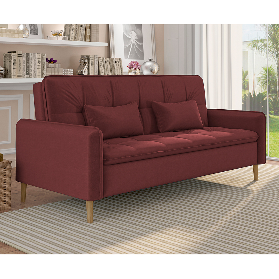 Sofá-Cama Casal 3 Lugares Donna Veludo Vinho