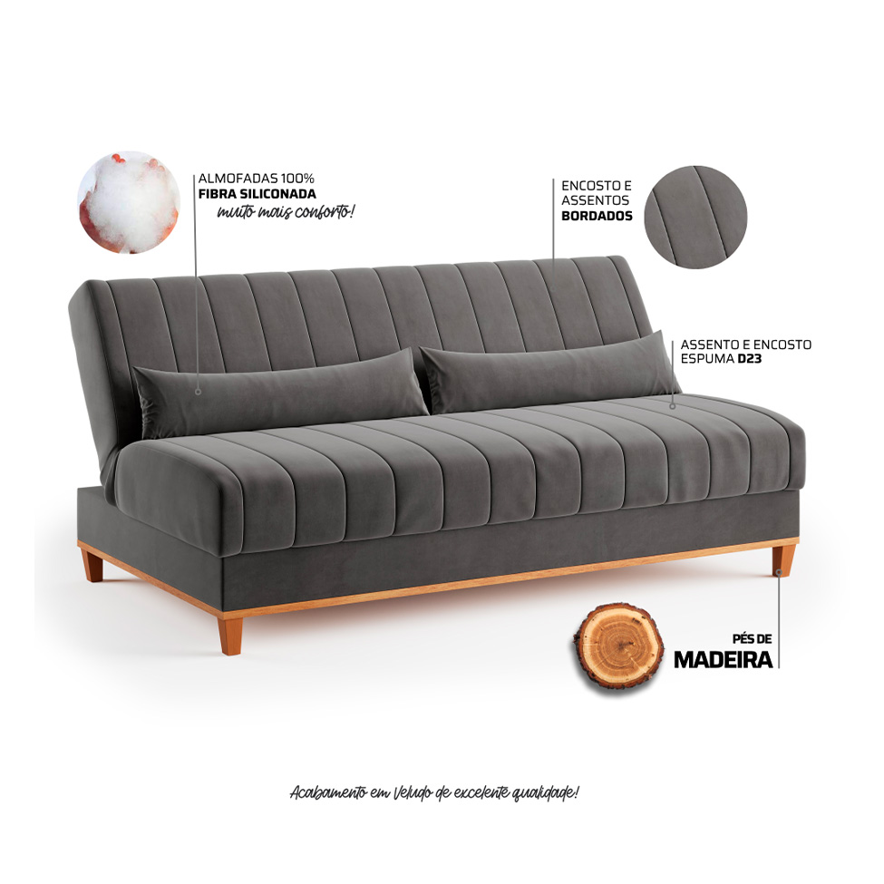 Sofá-Cama Casal 3 Lugares Eiffel Veludo Grafite