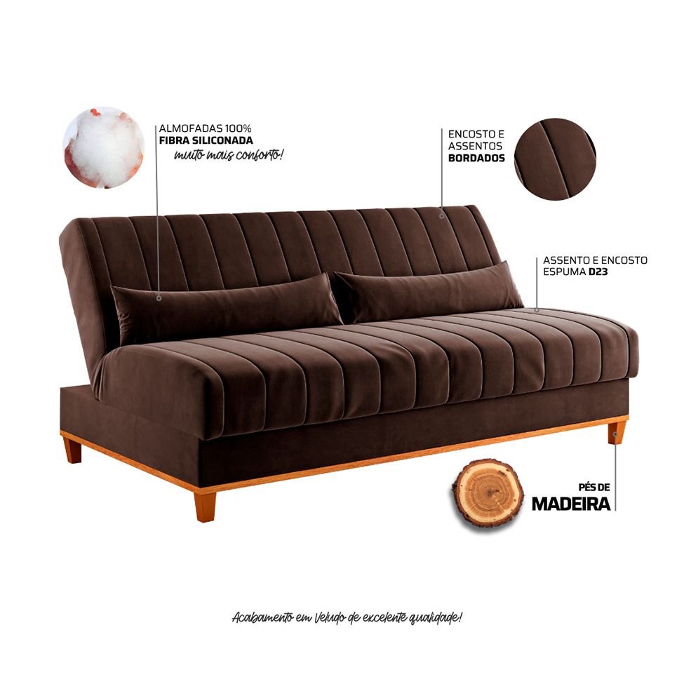 Sofá-Cama Casal 3 Lugares Eiffel Veludo Marrom