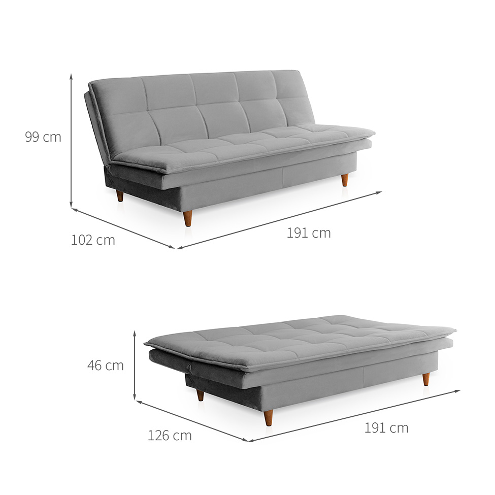 Sofá-Cama Casal 3 Lugares Mirage Veludo Cinza