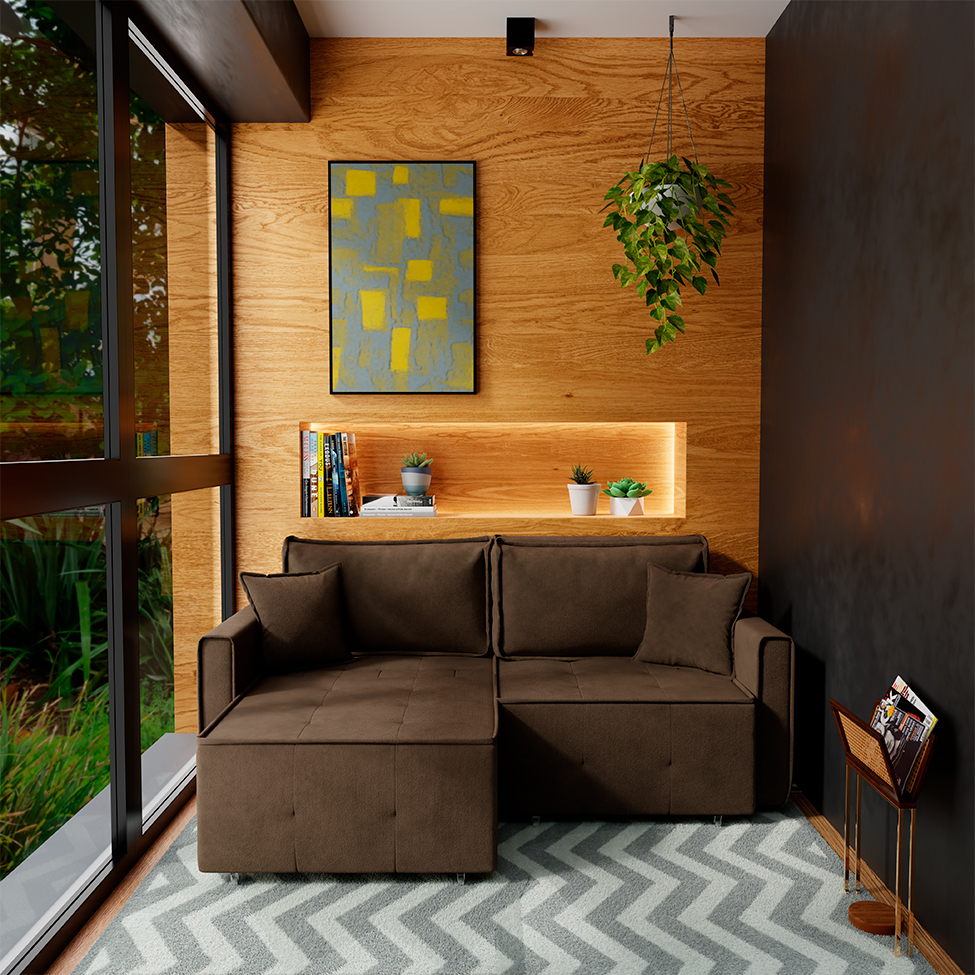 Sofá-Cama Casal 3 Lugares Onix Veludo Café 220 cm