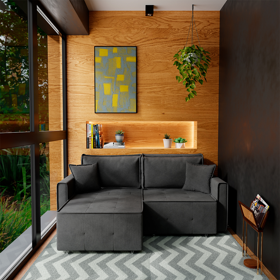 Sofá-Cama Casal 3 Lugares Onix Veludo Grafite 220 cm