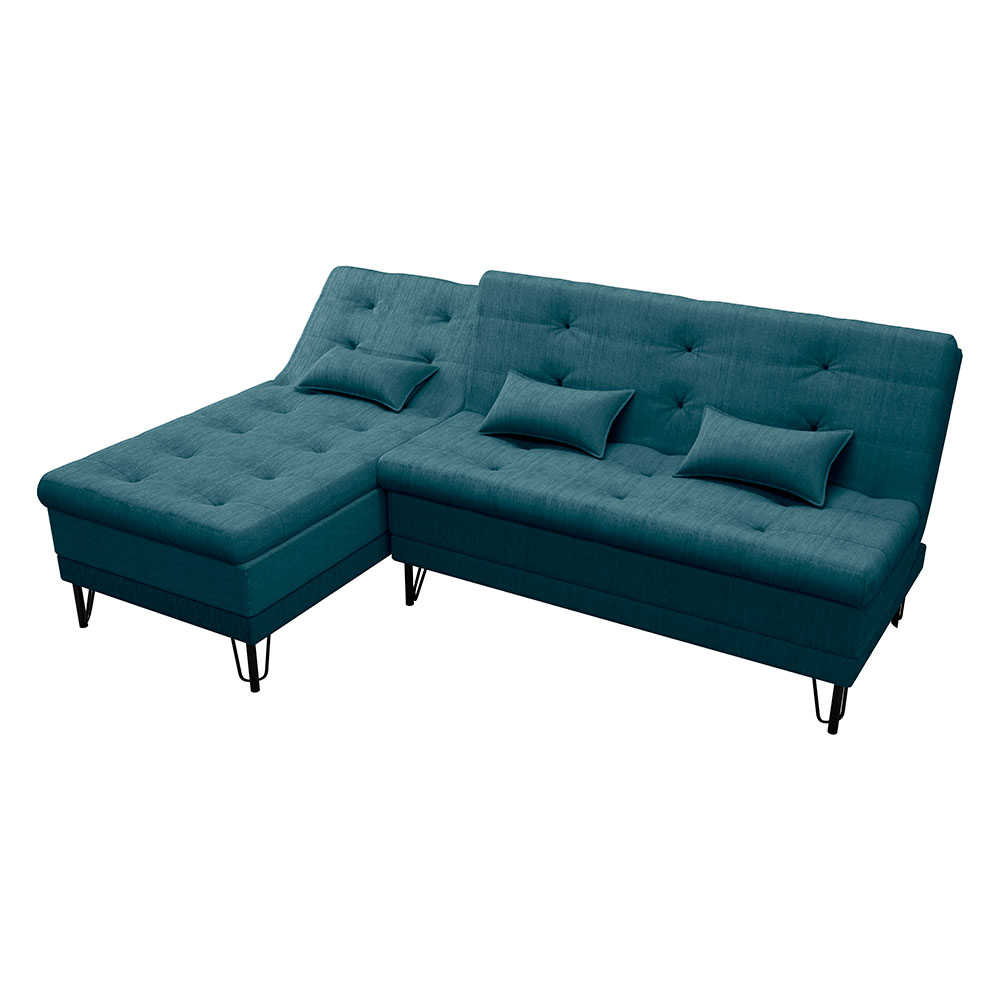 Sofá-Cama Casal 3 Lugares com Chaise Nice Suede Azul Petróleo