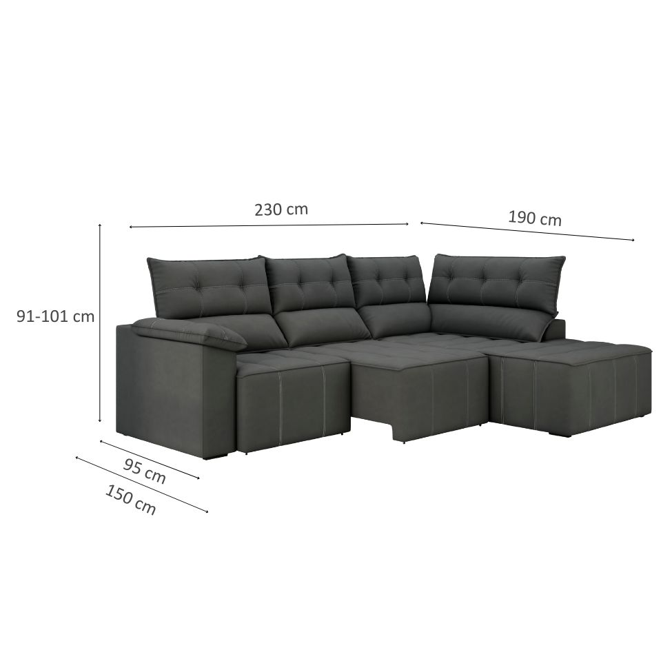 Sofá de Canto 3 Lugares Santorini Veludo Cinza 230 cm